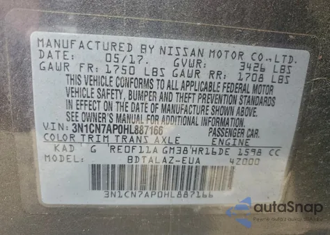 2017 Nissan Versa S z USA, uszkodzony, nr VIN 3N1CN7AP0HL887166
